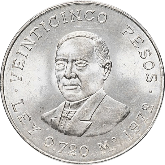 Moneda 25 Pesos Juárez Plata (Año 1972, Condición Bueno/Regular)