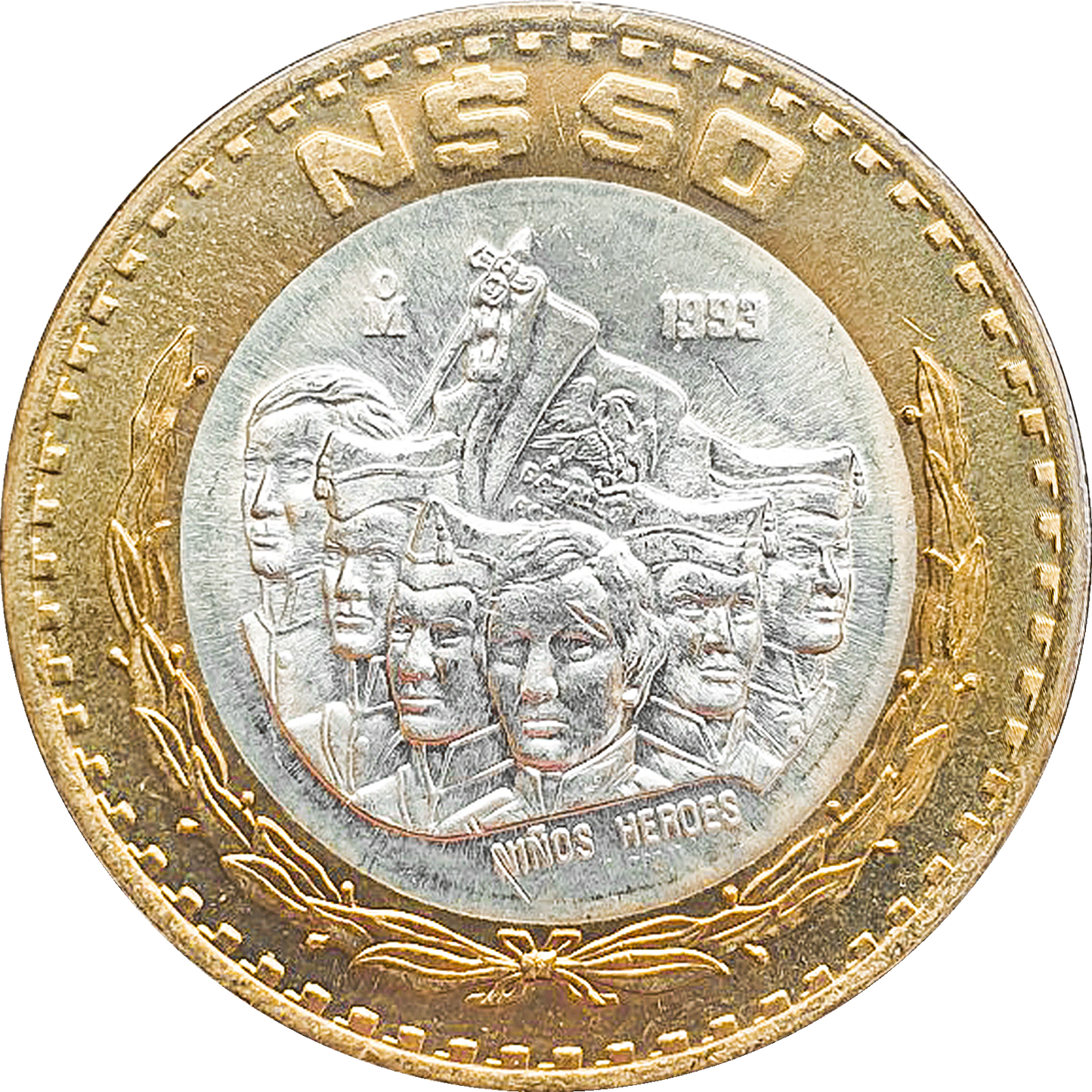 Moneda 50 Nuevos Pesos Bimetálica Plata/Latón (Año Aleatorio, Condición Bueno/Regular)