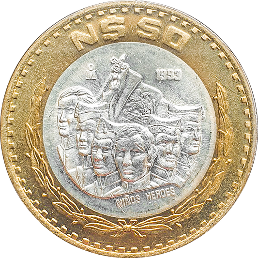Moneda 50 Nuevos Pesos Bimetálica Plata/Latón (Año Aleatorio, Condición Bueno/Regular)