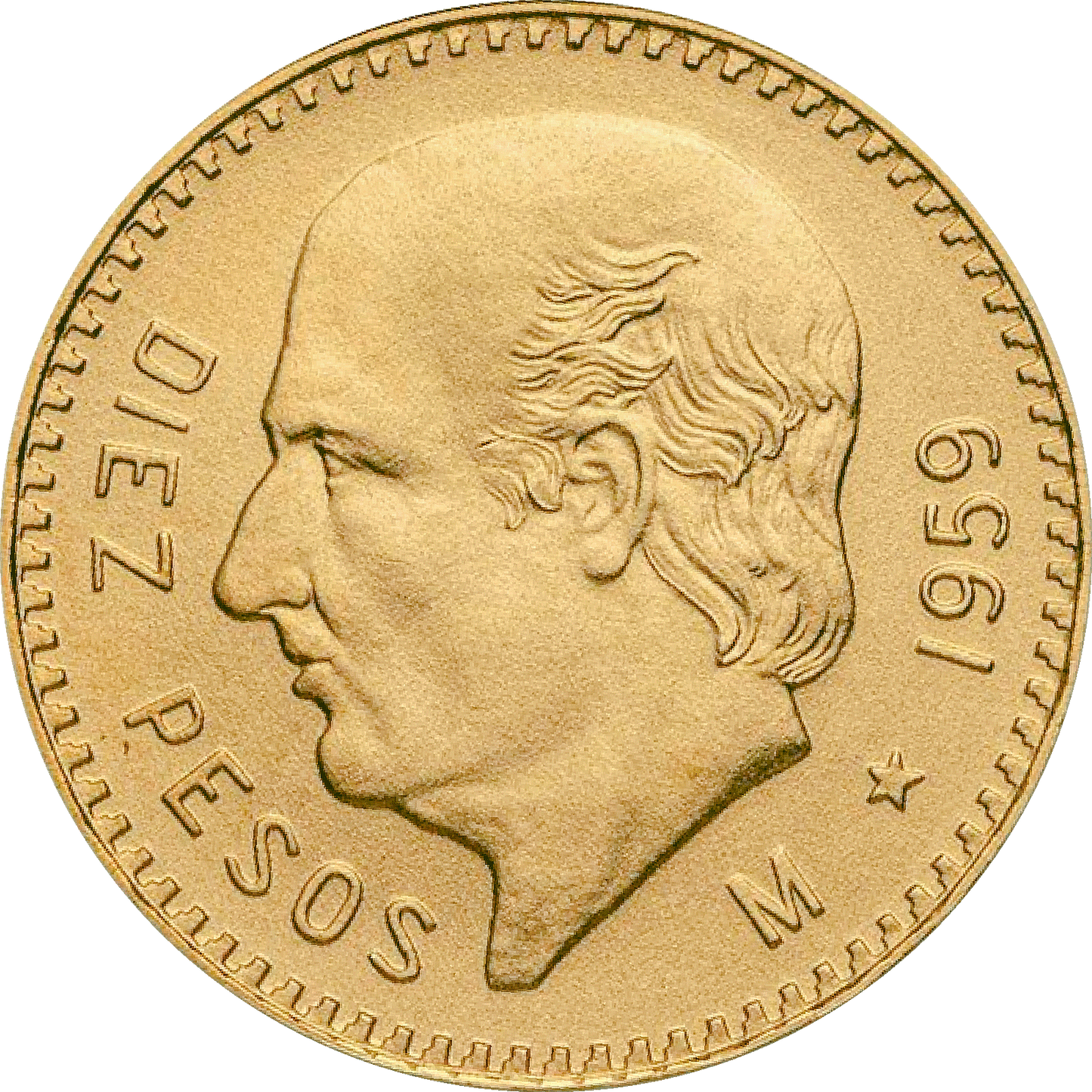 Moneda 10 Pesos Hidalgo Oro (Año Aleatorio, Condición Bueno/Regular)